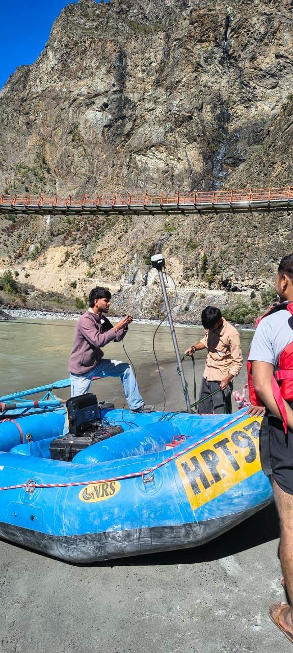 HSSPL echo sounder and GNSS mounted on an inflatable survey vessel on a Himalayan river